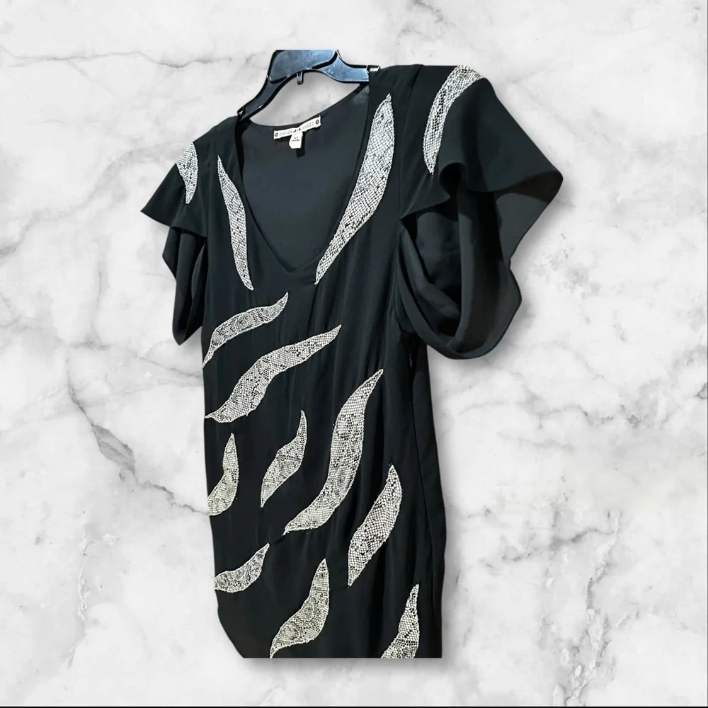 Black Cream Snakeskin Print Sheer Mini Dress Flutter Sleeve Party Boho